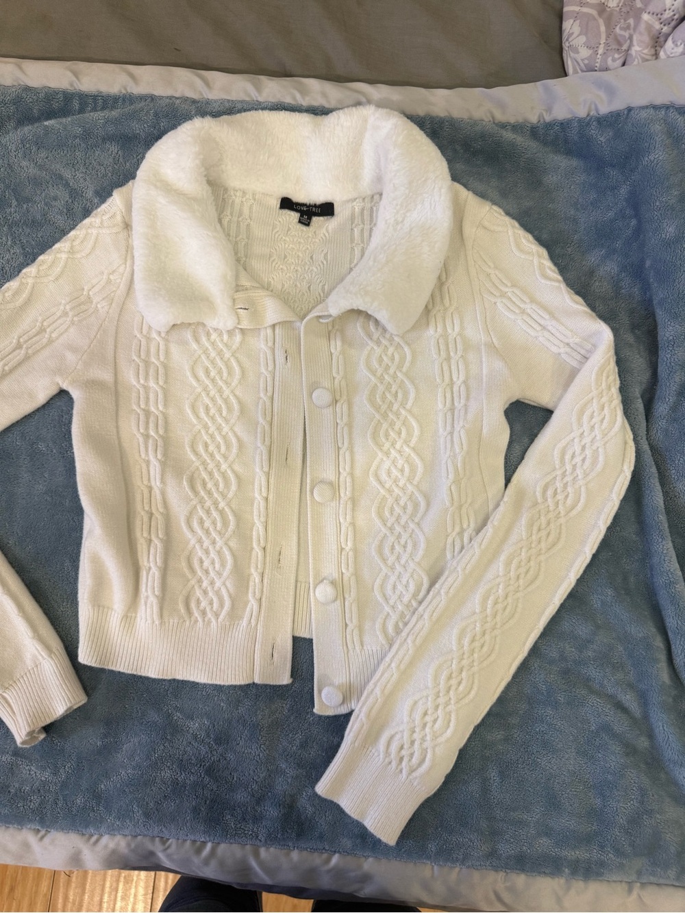 Love Tree Cream Cable Knit Faux-Fur Collar Cardigan